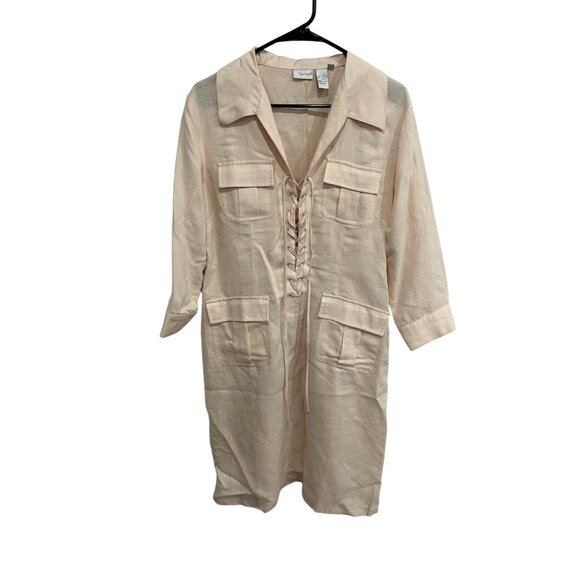 Spiegel Lace Up Linen Blend Shirt Dress Cargo Pocket Beige Sz 12 Neutral Coastal - Picture 1 of 10